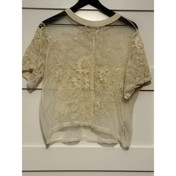Anthropologie Short Sleeve Embroidered Mesh Top Ivory Size M - Picture 7 of 8